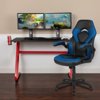 Flash Furniture BLN-X10RSG1030-BL-GG Red Gaming Desk and Blue/Black Racing Chair Set with Cup Holder and Headphone Hook